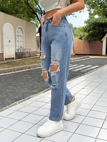SHEIN PETITE PETITE Women's Summer Casual High Waist Ripped Straight Leg Jeans Light Blue Distressed Frayed Edge Baggy Denim Pants With Pockets Perfect For Streetwear & Daily Outfits Women's Casual Slim Tapered 7/8 Length Denim Jeans, Blue Low Rise Baggy Jeans,Bootcut Women Jeans,Petite Women Jeans - Blue - View 4
