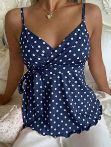 CovetEZ Women's Spring/Summer New Item - Sweet Casual Blue Polka Dot Fresh Girly Style Side Tie Ruffle Hem Camisole - Multicolor - View 4