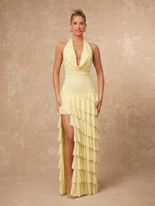 Lumalex 女士纯色深V领系带露背开衩优雅腰身连衣裙，适合派对穿着 - 淡黃色 - 查看 13