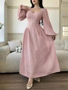 Nuevo vestido elegante con textura vintage de lunares que realza la cintura, adecuado para uso diario, fiestas y vacaciones - Rosa vieja - Ver 5