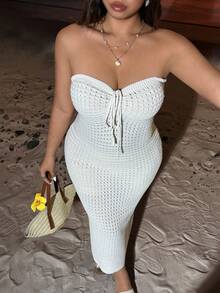 SHEIN EZwear 大码女式纯色前系带露背针织连衣裙，度假款 - 杏色 - 查看 3