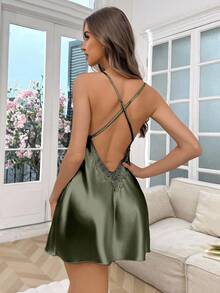 Crystal Vow Lace Trim Faux Silk Sexy Backless Criss-Cross Camisole Nightgown - Army Green - View 3