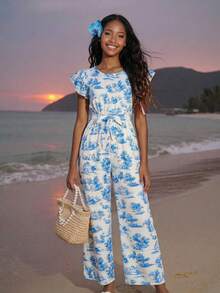 SHEIN ChillGRL 少女优雅碎花短袖连体裤，适合日常通勤、休闲、度假和聚会。 - 藍白色 - 查看 1