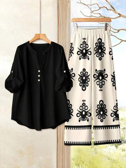 Rusticease 2pcs/Set Women's Black Cuffed Sleeve Blouse + Bohemian Apricot Print Pants - Elegant Style Spring/Summer Outfit For Tropical Island Wedding, Anniversary, Bridesmaid Party, Date Night, Wedding G
