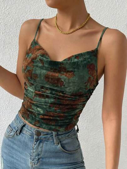 SHEIN Clasi Women's Spaghetti Strap Draped Neck Sleeveless Fitted Fashionable Elegant Tank Top Women's Summer Green Camisole Knitted 3D Flocked Mesh Sexy Vest Casual Versatile Knitted Camisole Vest Waist-Cinching Fitted Base Layer Vest Summer Outfit For Womensummer Top    Green Top