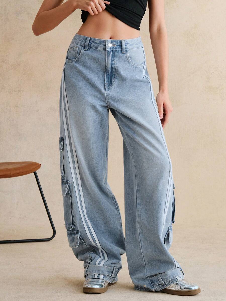 Anewsta Heavy-Duty Blue Striped Print Denim Jeans Baggy Jeans Women Loose Jeans Baggy Jeans Y2k Wide Leg Jeans Oversized Jeans - Blue - View 1