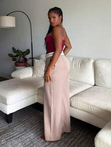Tyla Gomez Traje informal con pantalones de pierna ancha de color contrastante con bolsillo para otoño/invierno - Caqui - Ver 4