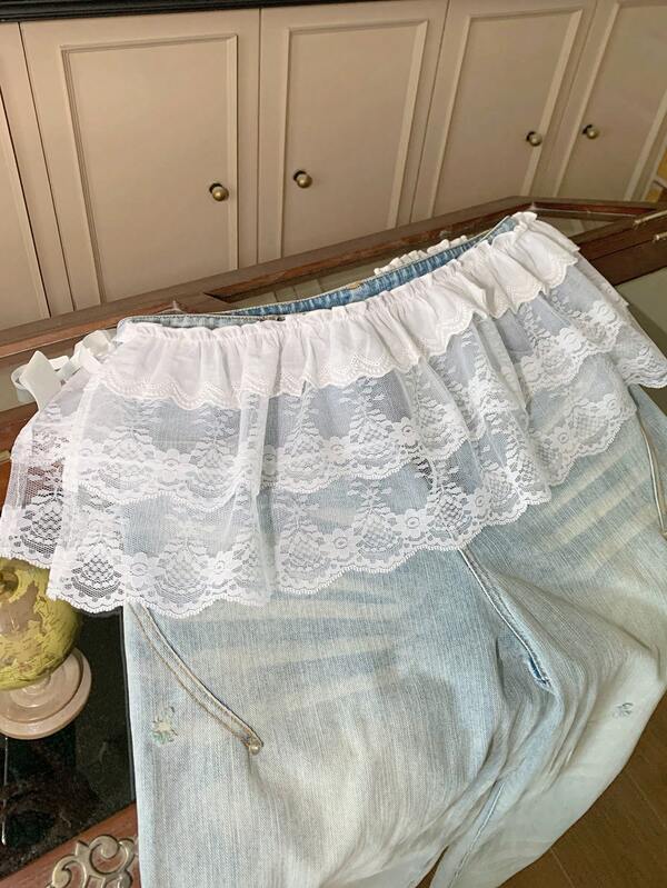 Dazy Plus 加大码双层蕾丝系带休闲白色百褶迷你裙 夏季