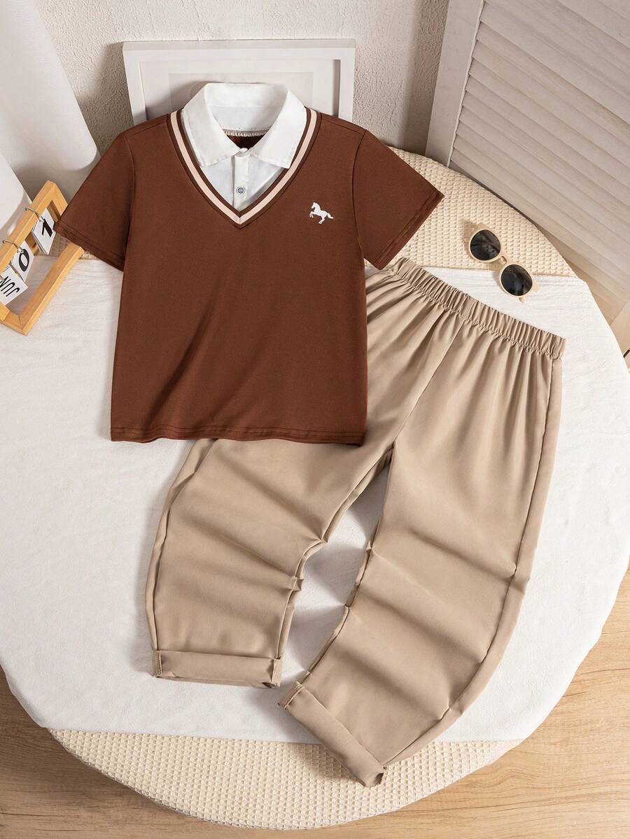 SHEIN Streecool Kids 2件套绅士风二合一Polo衫和休闲长裤，适合青少年男孩 - 棕色 - 查看 1