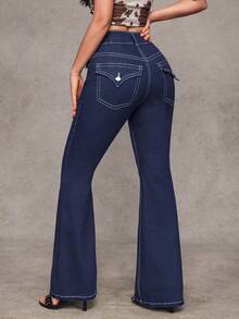Flirla Women's Solid Color Casual Jeans - Blue - View 2