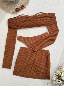 Bonvoyette Spring/Summer New Ocean Metal Accessory Solid Textured Fabric Bubble Cloth Strapless Long Sleeve Sexy Skirt Ruffle Net Celebrity Afternoon Tea Party Beach Vacation 3-Piece Women Swimsuit Set - Mocha Brown - View 3