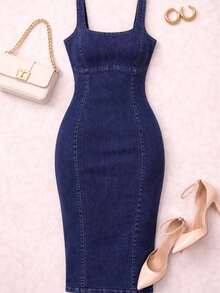 Vestido largo de mezclilla tipo lápiz - Azul Marino - Ver 8