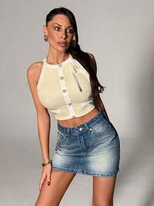 SHEIN Cottnline Y2K Aesthetic High Waist Vintage Distressed Washed Denim Mini Skirt, 5-Pocket Denim Mini Skirt - Medium Wash - View 5