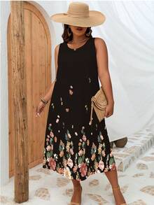 INAWLY Plus Floral Print Tank Dress, Summer - Black - View 3