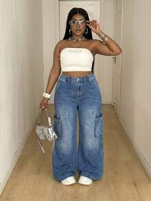 Maweii Pantalones sueltos de estilo callejero retro minimalista y estampados de manera casual - Azul - Ver 6