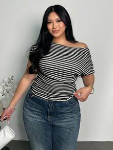 Firerie 大码女式纹理条纹不对称肩部弹力褶皱蝙蝠袖T恤上衣，条纹女式上衣，春夏秋季服装，通勤，优雅，休闲，日常，工作服 - 黑與白 - 查看 5