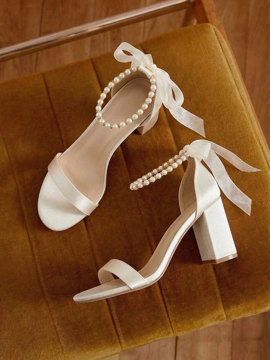 Eladyva Summer Fashion Pearl Bow Wedding Party Shoes, Sexy Round Toe Soft Leather Thick Heel White Sandals, Elegant Minimalist Women High Heel Sandals Spring Shoes Bride Shoes Wedding Shoes Summer Shoes - Apricot - View 1