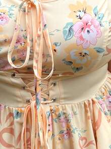 Lyrianda Vestido largo con cuello cuadrado, mangas con pétalos, decoración de ojales y lazo, con bajo asimétrico con volantes y estampado floral para mujer - Multicolor - Ver 5