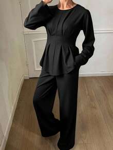Livesso 秋冬季宽松商务休闲时尚街头风荷叶边收腰办公服套头衫搭配直筒休闲裤套装，优雅两件套，女士 - 黑色 - 查看 6
