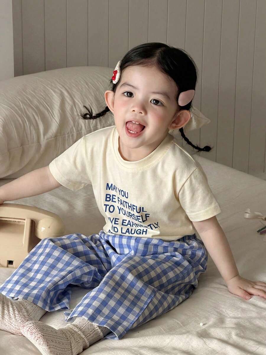 2件套女婴圆领字母印花短袖上衣和格子休闲裤家居服套装 - 杏色 - 查看 1