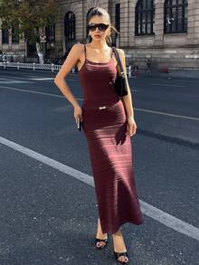 DAZY Women's Solid Color Metal Decor Elegant Waist Cinched Party Knit Slip Dress Summer - Brown - View 5