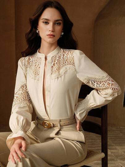 Anewsta Women's New Spring/Summer Apricot Casual Long Sleeve Blouse With Lace Patchwork Asymmetrical Design, Loose Fit Versatile Shirt, Elegant & Slimming, Suitable For Work And Daily Wear