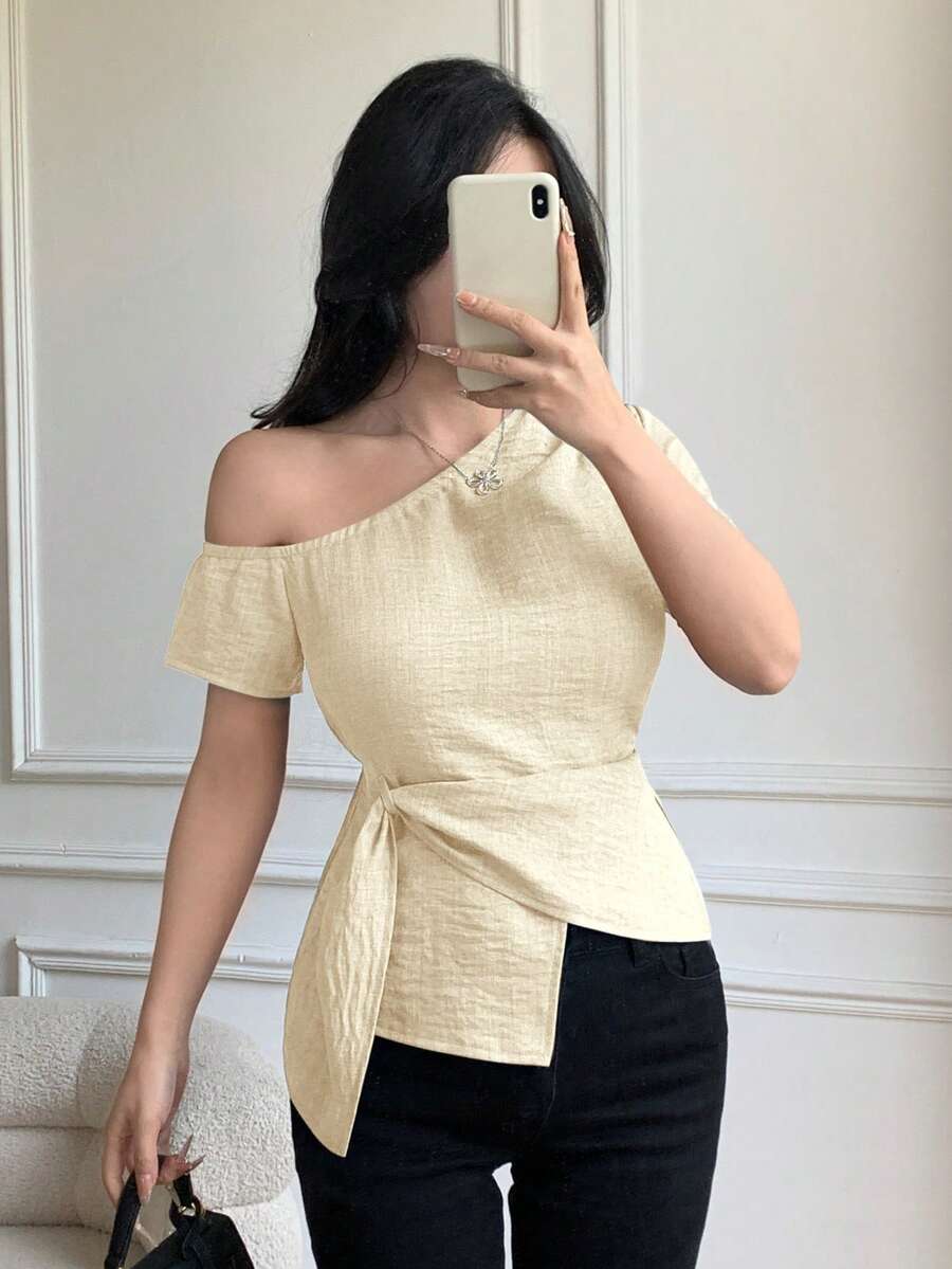 Celisse Blusa casual de ajuste ceñido con diseño de cuello con nudo en los hombros elegante para mujeres - Albaricoque - Ver 1