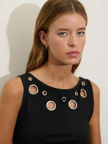 Nöista Sleeveless Black Top With Boat Neckline And Big Silver Eyelets On It, Slim Fit And Regular Length. Summer Outfit, Beach, Casual Look, Easter, Pring, Holiday, Vacay, Vactions Look. - Black - View 5