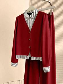 Resyla Women's New Striped Shirt & Wide Leg Pants 2 Pieces Set, Autumn/Winter Outfit - Red - View 3