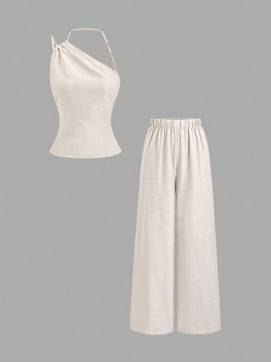 Sweetra Women's New Year Asymmetrical Beaded Halter Neck Shirred Asymmetric Shoulder Blouse And High Waist Pleated Wide Leg Pants 2 Pieces Set, Beige - Beige - View 1