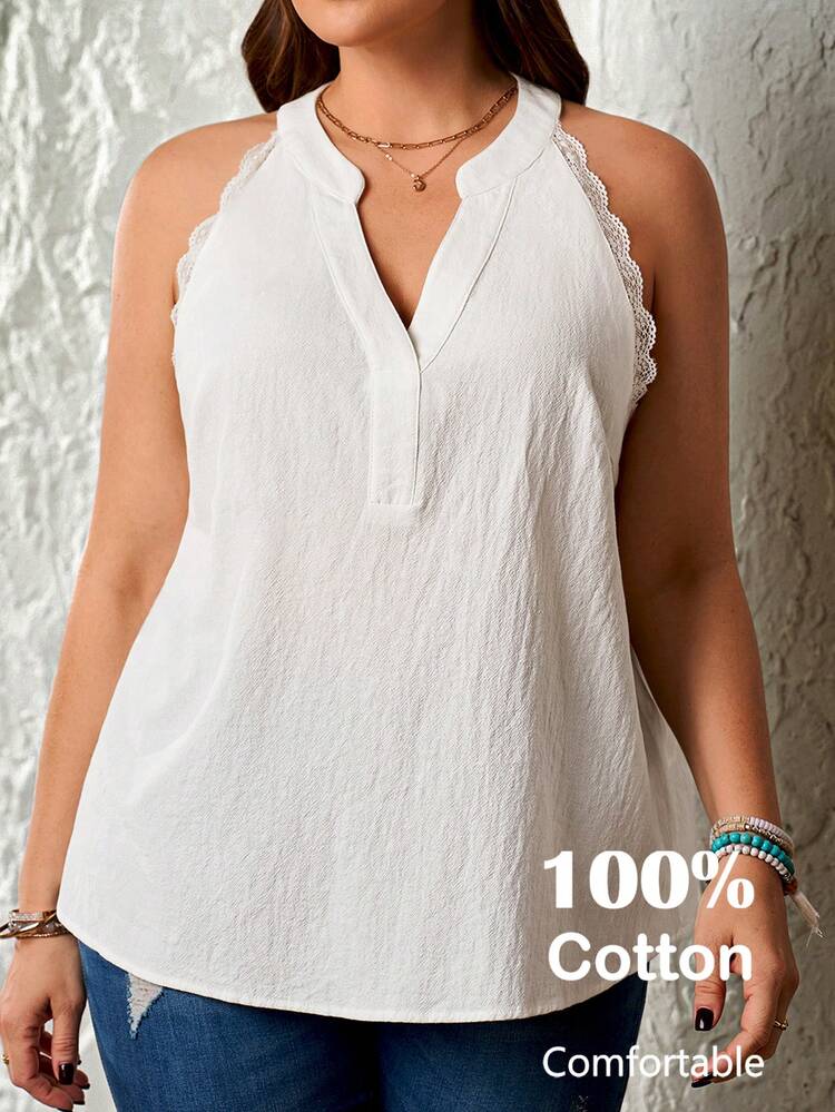 Plus Size Women Lace Patchwork Sleeveless Blouse/Summer/Vacation,Summer Dresses For Women,Spring Outfit Women ,Vacation Outfits Women,Summer Outfits,Spring Outfit,Casual Blouses For Women,Holiday Outfits For Women,Summer Holiday Outfits Women Plus Size Tops Women's Tops For Summer Women's Tops And Blouses Linen Tops For Women Curve