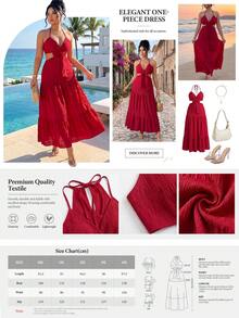 GlowEve CURVE Đầm maxi cổ yếm hở lưng màu trơn, chất liệu vải dệt họa tiết, cỡ lớn dành cho nữ, thích hợp cho hẹn hò, đi chơi, đi làm và mặc hàng ngày, mùa xuân/hè. - Đỏ - Xem 2