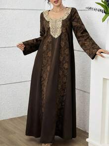 Al Najma Đầm dài truyền thống Ả Rập sang trọng, thanh lịch dành cho nữ, phối họa tiết jacquard. - màu nâu - Xem 6