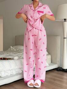 Napfluff Contrast Color Bow Striped Print Lapel Red Button Short Sleeve Top And Pants PJS,Pink Striped Pink Bow Print PJS,Suitable For Home Wear - Pink - View 6