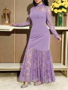 Modelyn Women's Contrast Lace Stand Collar Long Sleeve Fishtail Hem Elegant Dress - Mauve Purple - View 5