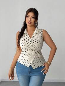 Elenzga Plus Size Women's Beige Summer Elegant Office Polka Dot Sleeveless Collared Shirt,Twist Tie Waist Fitted Short Top,Retro French Smooth Fabric - Multicolor - View 4