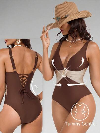 Shapewave Women's Patchwork Color Metal Decor Linked Casual Vacation Beach One-Piece Swimsuit