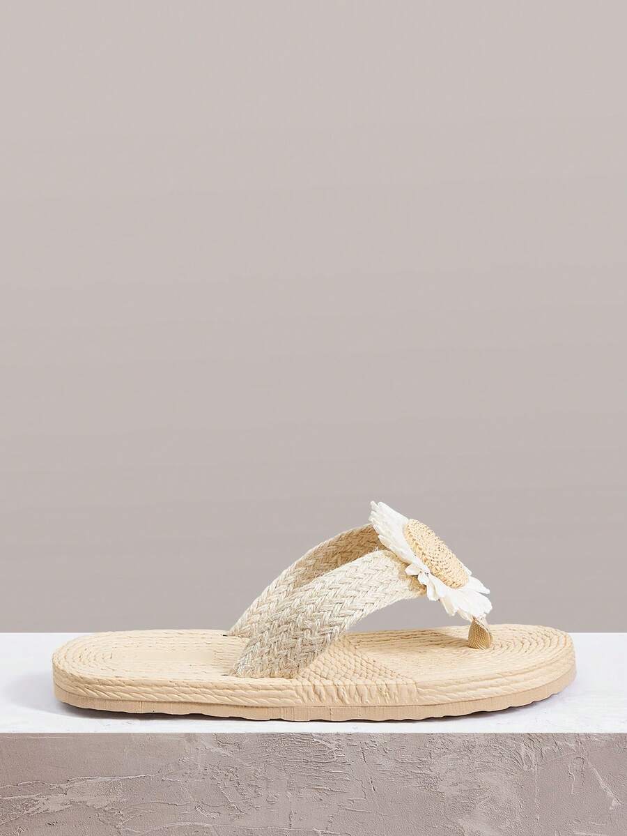 Styleloop Women's Flat Sandals Summer Open-Toed Hemp Rope Woven Sandals Rhinestone Shiny Bohemian Vacation Shoes Roman Beach Sandals Outside Slippers - Khaki Flowers - View 1