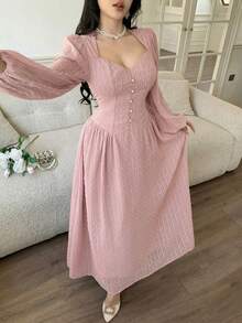 Nuevo vestido elegante con textura vintage de lunares que realza la cintura, adecuado para uso diario, fiestas y vacaciones - Rosa vieja - Ver 4