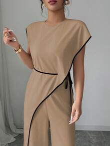 Selianne 女士圆领饰边设计侧系腰带两件式阔腿连体裤 - 咖啡棕 - 查看 6