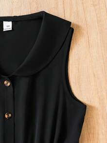 SHEIN Girls' Black Solid Pleated Leg Jumpsuit With Beige Belt, Lapel And Button Front Design, Suitable For Casual Daily And Commute Wear - Black - View 8