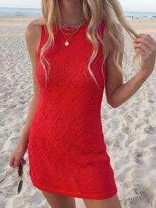 Vaclyn 女士休闲度假镂空针织无袖连衣裙 - 紅色 - 查看 3
