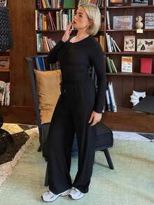 Bethéva Women's New Spring/Autumn/Winter Suitable For Outings, Commuting, Casual, Home, Office, Solid Color Plush Ribbed Fabric Open Front Decorative Waist Ruched Adjustable Waistband Textured Fabric 2-Piece Set - Black - View 4