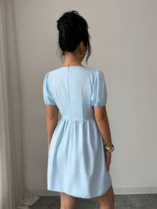 Elenzga Sweetheart Neck Waist Cinched A-Line Elegant Romantic Delicate Women Dress, Short Sleeve - Blue - View 2