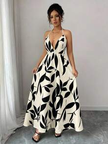 Rafferiza Đầm maxi nữ mùa hè hai dây, màu mơ phối họa tiết lá đen, cổ chữ V sâu, thiết kế thắt eo, chân váy xòe, phong cách nghỉ dưỡng, tôn dáng, đa năng cho công sở và thường ngày, phong cách đường phố gợi cảm. - Nhiều màu - Xem 4
