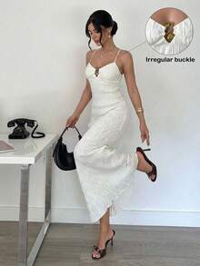 Firerie Women's V-Neck Spaghetti Strap Crinkle Fabric Ivory Sexy Backless Casual Dress ,Summer Dress - Beige - View 5