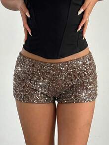 Aloruh 女士棕色阔腿裤，亮片短裤，低腰波西米亚风长裤，奢华派对装，春夏款 - 棕色 - 查看 10