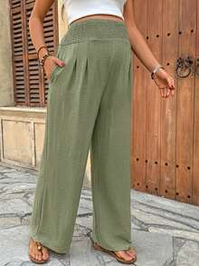 SHEIN Maternity Solid Color Waist Drawstring Loose Wide Leg Pants - Green - View 5