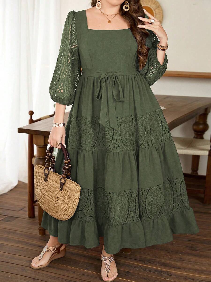 Lacomfia Plus Size Women's Square Neck Lantern Sleeve Tie Waist Ruffle Hem Embroidery Patchwork Elegant Dress - Green - View 1