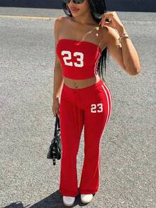 Slaydiva 2026春夏新款休闲街头风性感修身亮红色无肩带字母印花背心+高腰喇叭裤女装两件套。适合约会、情人节、日常出行、派对、辣妹装扮、夜店、休闲街头风、早午餐穿搭、机场穿搭、返校季、度假、节日、婚礼季、音乐节等场合。 - 紅色 - 查看 6